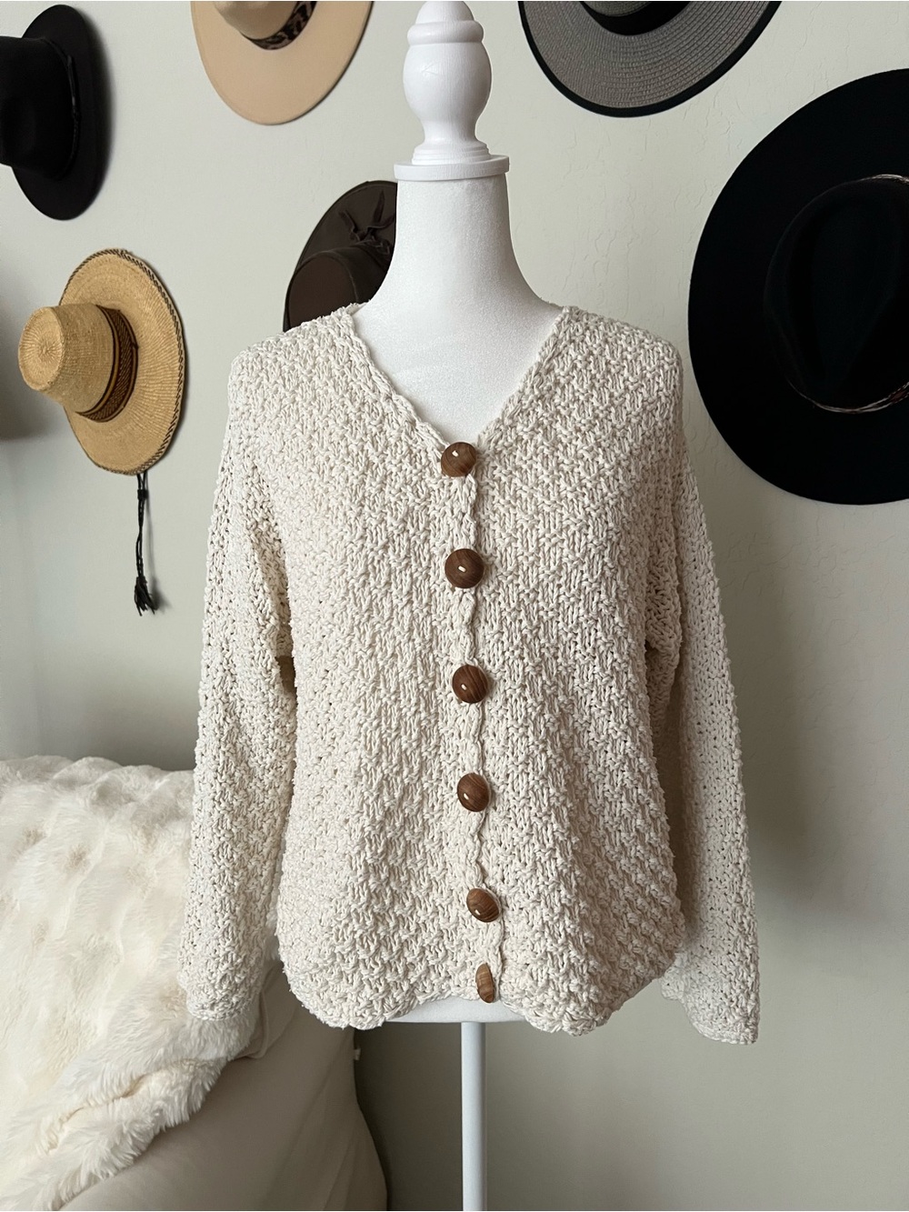 Pure - Hand Knit Creme Color Sweater.  Wood Buttons.  100% Cotton One-Siz
